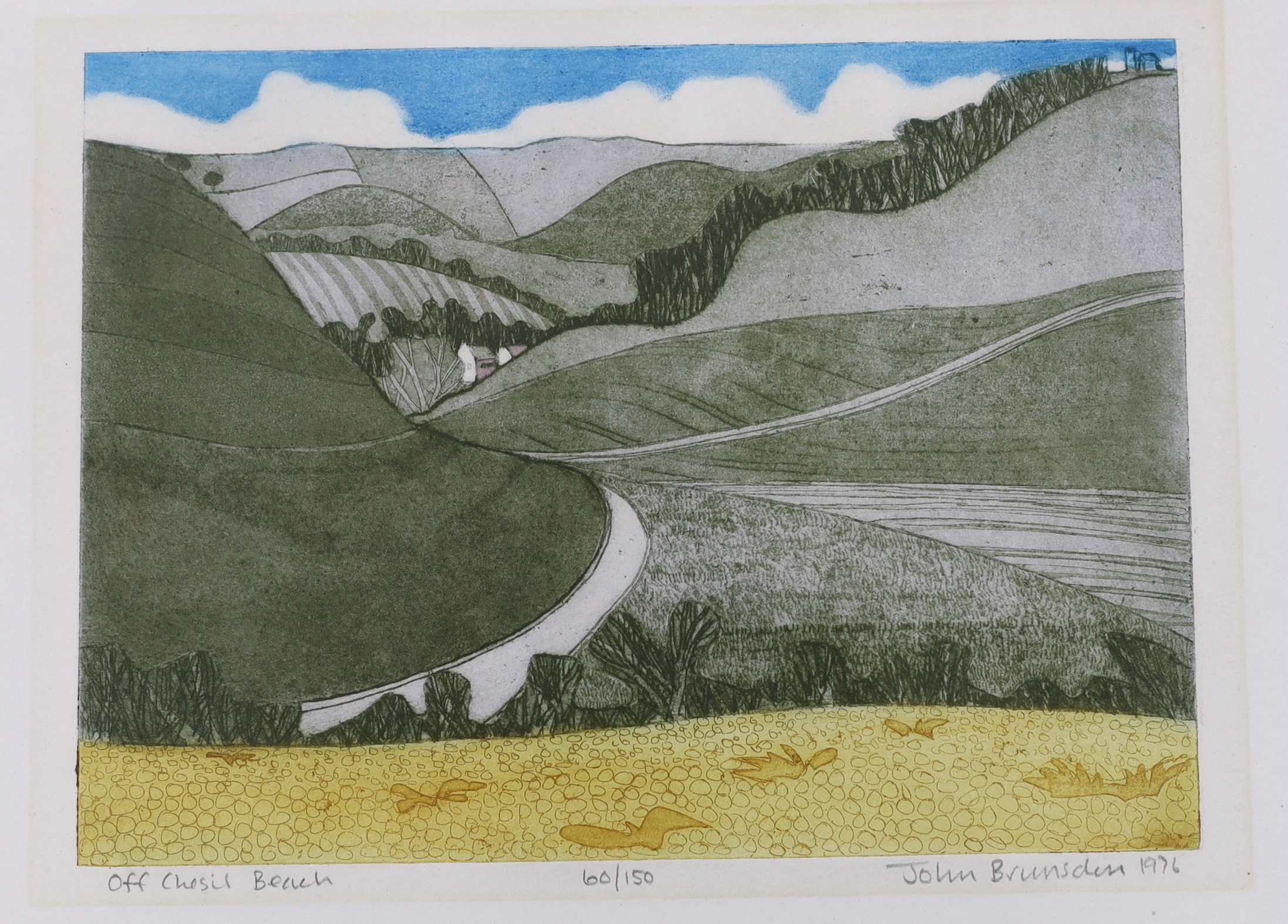 John Brunsden (1933-2014) two colour etchings, comprising Off Chesil Beach and Severn Valley, limited edition 60/150 and 68/100, each signed in pencil, one with blindstamp, largest 80 x 60cm